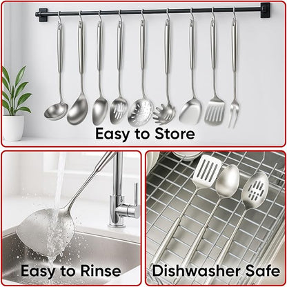 Newness 9 Pcs Cooking Utensils Set, 304 Stainless Steel Kitchen Utensils Set, Metal Kitchen Accessories, Include Soup Ladle, Slotted Skimmer Spoon, Spaghetti Spoon and Spatula, Dishwasher Safe