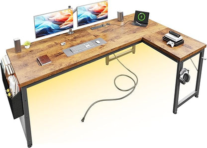 L Shaped Desk with 0.95 Inch Thicker Desktop & Storage Bag, Computer Desk with Power Outlets & Lights, Reversible Gaming Desk for Home Office, Corner Desk, Study Room, Living, Bedroom, Brown