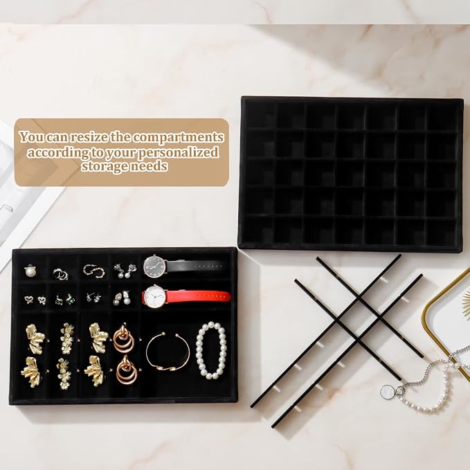 Large Velvet Jewelry Tray 2 Pack Stackable Jewelry Display Drawer Inserts Trays Organizer for Earring Bracelet Necklace Ring (Black, 35 Grids)
