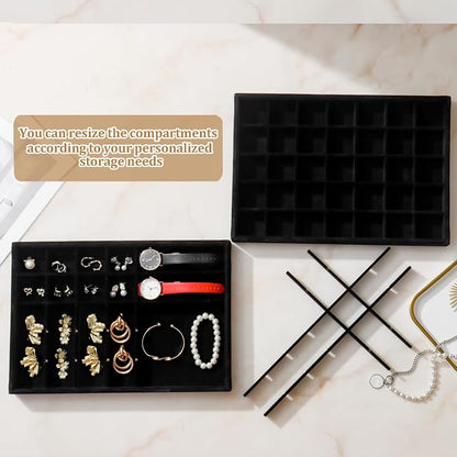 Large Velvet Jewelry Tray 2 Pack Stackable Jewelry Display Drawer Inserts Trays Organizer for Earring Bracelet Necklace Ring (Black, 35 Grids)