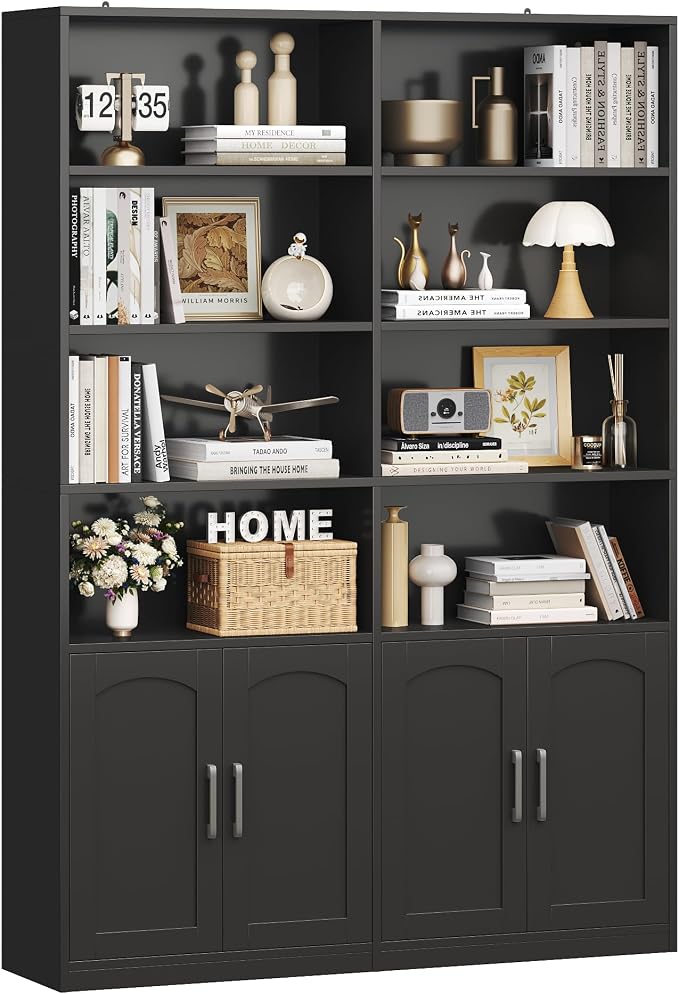FACBOTALL Bookshelf and Bookcase with Doors, 6 Tier Double Wide Large Bookshelves, Open Display Shelves, 73'' Tall Bookshelf with Storage Cabinets for Home Office, Living Room, Library, Black