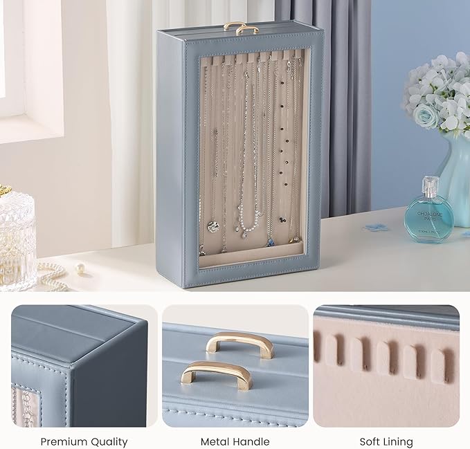Lolalet Necklace Organizer Box, Jewelry Storage Box with Clear Window for Necklaces Bracelets, Tangle-Free Necklace Display Case for Women Girls, Dusty Blue, 2 Layers 20 Hooks