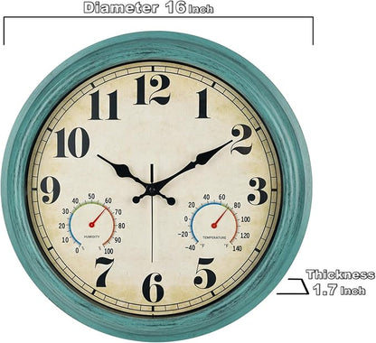 zyzamay 16 Inch Green Vintage Indoor/Outdoor Wall Clock with Thermometer & Hygrometer & Waterproof, Large Silent Sweep Numerals, Perfect for Porch, Garden, Pool