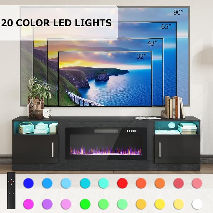 PRETZI Fireplace TV Stand with 36" Fireplace Up to 90" TVs, 80" Entertainment Center with LED Lights, Remote Control, TV Media Console with Storage Cabinets for Living Room, Black