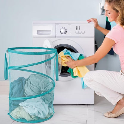 Seiritex Mesh Popup Laundry Hamper 115L Collapsible Laundry Basket No Lid Extra Large Capacity Foldable Clothing Storage Basket with Handles 26 H x 18 W x 18 L (Turquoise Blue)