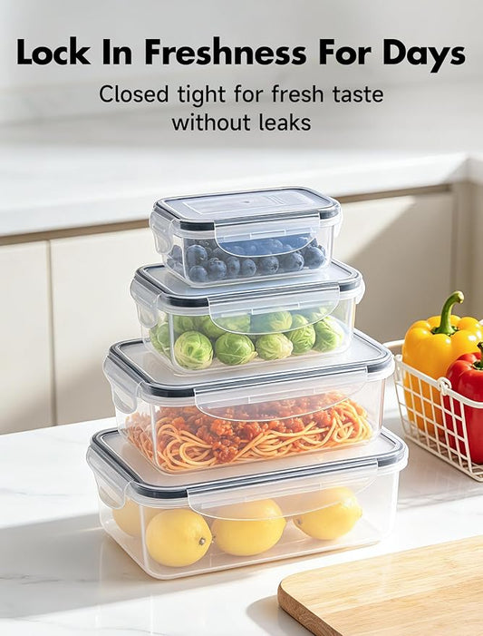 Geedel Food Storage Containers with Lids, Airtight Leakproof Lunch Meal Prep Containers, Stackable Microwave Freezer Dishwasher Safe Plastic Food Containers for Kitchen Organization, Set of 4, Clear