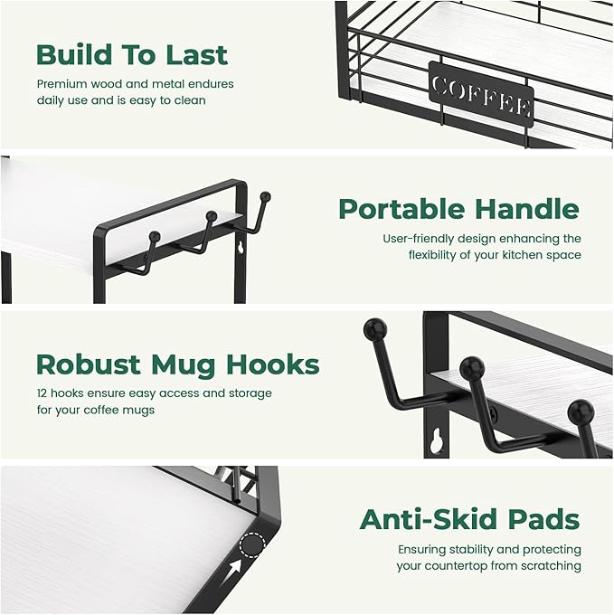 EsLuker.ly Coffee Mug Cup Holder Tree Bar Station Organizer, 2 Tier Mug Stand Rack for Countertop Kitchen, Storage Tower Display Shelf with 12 Hooks, Coffee Nook Enhancer, White-Black