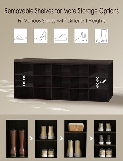 DINZI LVJ Shoe Storage Bench with Cushion, 13-Cubby Shoe Rack, Adjustable Shelves, Multifunctional Shoe Organizer Bench for Entryway, Mudroom, Hallway, Living Room, Bedroom and Garage, Espresso