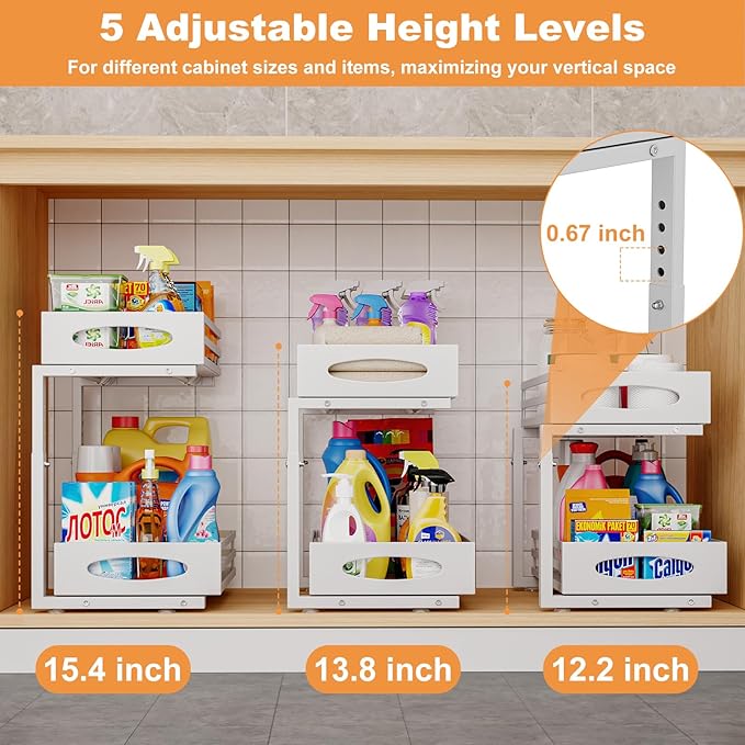 Under Sink Organizer, 2 Tier Under Sink Organizers and Storage, Adjustable Height, Slide out Metal Cabinet Organizers, Pull out Cabinet Storage Drawer Shelf for Kitchen Bathroom White 1Pack