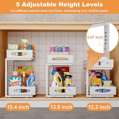 Under Sink Organizer, 2 Tier Under Sink Organizers and Storage, Adjustable Height, Slide out Metal Cabinet Organizers, Pull out Cabinet Storage Drawer Shelf for Kitchen Bathroom White 1Pack
