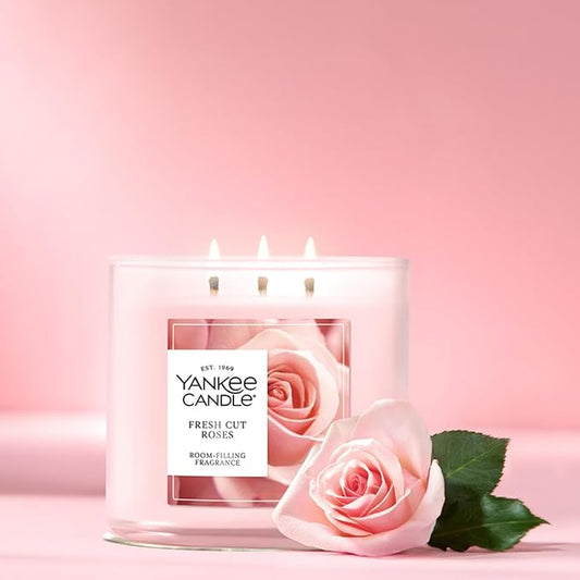 Yankee Candle Fresh Cut Roses, Scented Candle, 14.5oz 3-Wick Candle Jar with up to 40 Hours Burn Time