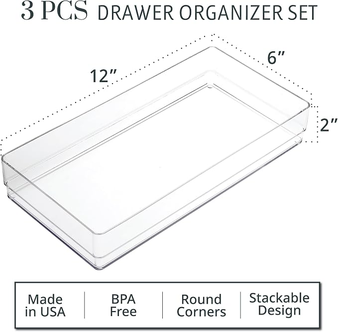 STORi SimpleSort 3-Piece Stackable Clear Drawer Organizer, 12" x 6" x 2" | Rectangle Trays, Wide Makeup Vanity Storage Bins, Office Desk Drawer Dividers, Made in USA