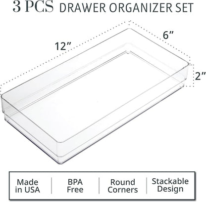 STORi SimpleSort 3-Piece Stackable Clear Drawer Organizer, 12" x 6" x 2" | Rectangle Trays, Wide Makeup Vanity Storage Bins, Office Desk Drawer Dividers, Made in USA