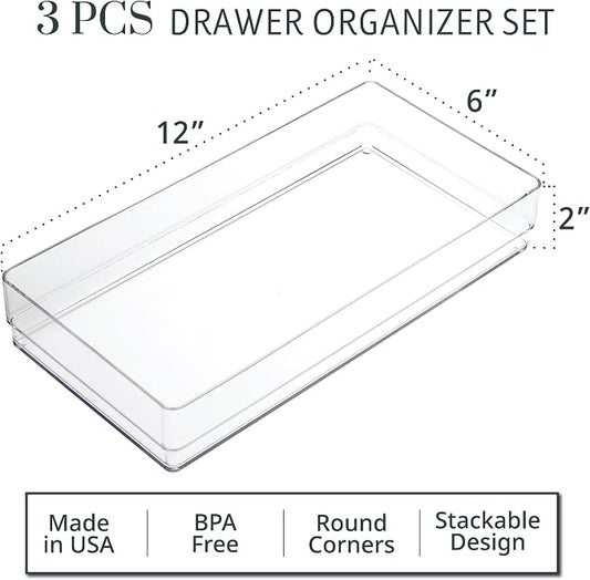 STORi SimpleSort 3-Piece Stackable Clear Drawer Organizer, 12" x 6" x 2" | Rectangle Trays, Wide Makeup Vanity Storage Bins, Office Desk Drawer Dividers, Made in USA