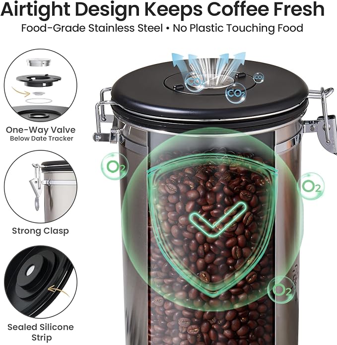 Veken Coffee Canister, 39OZ Large, Airtight Stainless Steel Food Storage Container for 2.2lbs Coffee Beans, Ground, Sugar, Tea, Flour, Cereal, Kitchen Bar Accessories with Date Tracker & Scoop, Silver