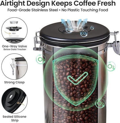 Veken Coffee Canister, 39OZ Large, Airtight Stainless Steel Food Storage Container for 2.2lbs Coffee Beans, Ground, Sugar, Tea, Flour, Cereal, Kitchen Bar Accessories with Date Tracker & Scoop, Silver