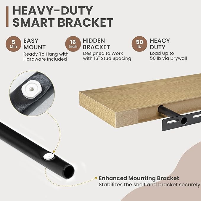 Acovy 55 Inch Floating Shelves, 8 Inch Deep Floating Shelves for Wall, Hanging Shelf with Invisible Brackets, Deep Shelves for Bathroom, Bedroom, Living Room, Oak, Set of 2