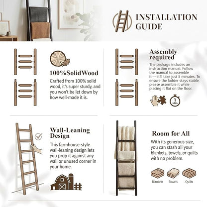 Wooden Blanket Ladder - 76in Natural Wood Color- Leaning Wall Decor for Bedroom, Bathroom, Living Room - Rustic Quilt Holder (Dark Walnut, 76in | Knock Down)