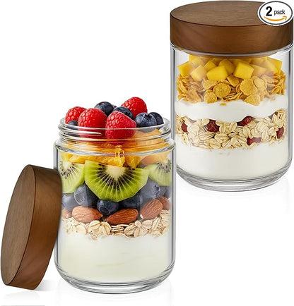 Bumobum 16 oz Overnight Oats Containers with Lids, Glass Mason Jars with Acacia Wood Airtight Lid, Wide Mouth Glass Canisters for Food Storage Chia Pudding Snacks Yogurt Spice Meal Prep, 2-Pack