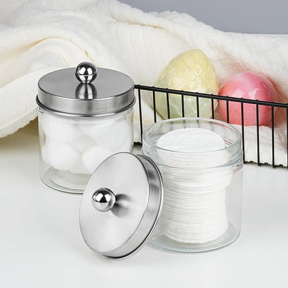SheeChung 2-Pack Brushed Nickel Mason Jar Qtip Holder - Glass Apothecary Jars Bathroom Organizer - Rust-Proof Stainless Steel Lid for Cotton Swabs, Balls, Pads, Flossers - Modern Farmhouse Decor