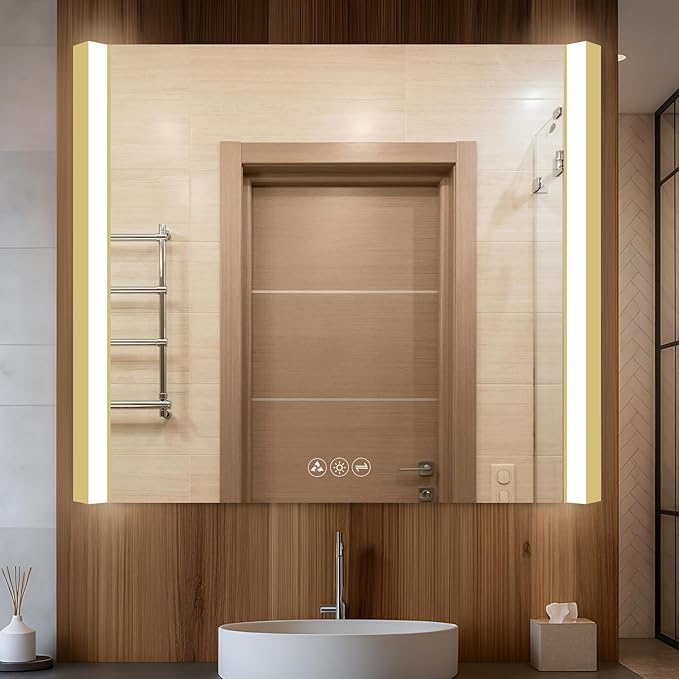 Blossom LED Bathroom Mirror, 36x32 Inch Gradient Front and Backlit LED Mirror for Bathroom, Brushed Gold Frame, Foldable Wing Design, 3 Colors Dimmable CRI>90 Double Lights, IP54 Enhanced, Anti-Fog