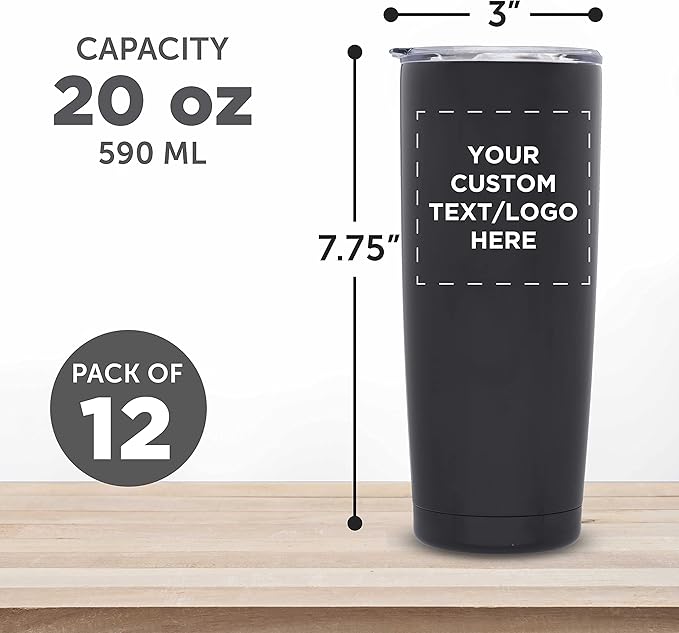Custom Pipette Stainless Steel Coffee Tumblers 20 oz. Set of 12, Personalized Bulk Pack - Double Wall, Perfect for Coffee, Hot Cocoa, Other Hot & Cold Beverages - Black