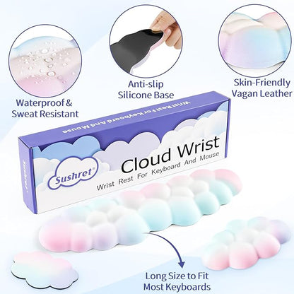 Sushret Cloud Wrist Rest Keyboard, Cloud Keyboard Wrist Pad Set with PU Leather Memory Foam, Cute Arm Rest for Palm Support, PC/Gaming Desk Accessories/Office Setup/Computer Hand Cushion - Rainbow