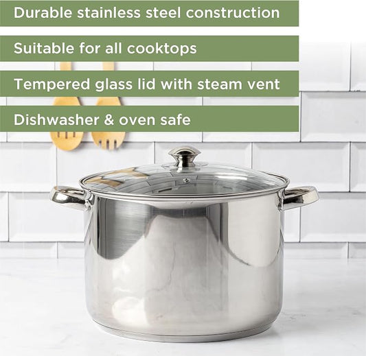 Ecolution Pure Intentions Stock Pot - Features Tempered Glass Lid, Stay-Cool Handles, and Encapsulated Bottom - Oven Safe - Curbside Recyclable Stainless Steel - 12 Quarts
