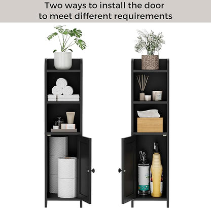 Homhedy Small Bathroom Storage Corner Floor Cabinet with Door and Shelves, Beside The Toilet Paper Stand for Skinny, Narrow Toilet Paper Cabinet, 9.8" D x 7.9" W x 31" H, Black