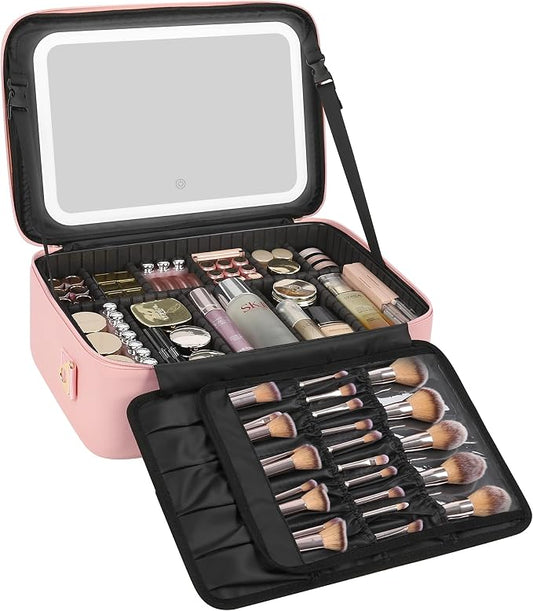 Relavel Large Makeup Case with LED Mirror, Train Cosmetic Case with Separate Brush Board, Professional Makeup Organizer Storage with Detachable Dividers for Makeup Artists, Hairstylist - Pink