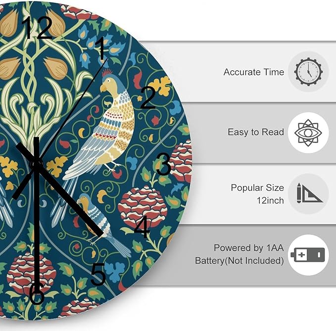 William Morris Wall Clock, Vintage Rustic Art Botanical Floral Bird Wall Clocks Battery Operated Silent Non Ticking Round Wooden Clocks for Kitchen Bathroom Living Room 12 Inch