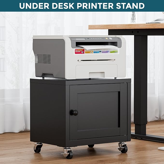 Small Printer Stand with Storage, Home Office Printer Table for Small Spaces, Under-Desk 3D Printer Stand with Wheels, for Office Copier and Fax Machine, Black