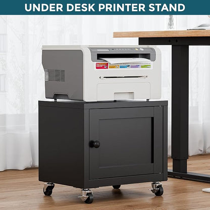 Small Printer Stand with Storage, Home Office Printer Table for Small Spaces, Under-Desk 3D Printer Stand with Wheels, for Office Copier and Fax Machine, Black