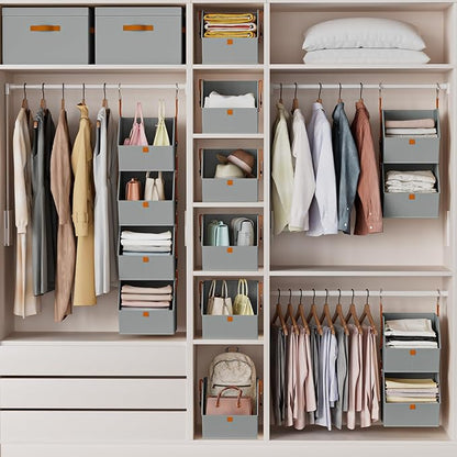 Hanging Closet Organizer 4 Tier - Clothes Hanging Shelves, Space-Saving Closet System, Fabric Storage Bins Bedroom Organization, Collapsible Baskets for Home, Dorm, Rv, Grey, 2 Pack