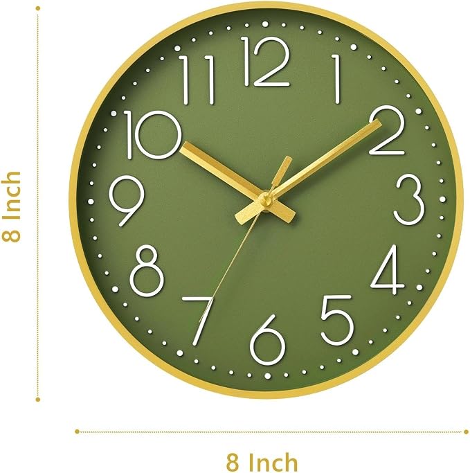 DAXSMY Wall Clock - 8 Inch Silent Non-Ticking Modern 3D Wall Clocks Battery Operated - Decorative Clock for Kitchen, Home Office, Bathroom, Bedroom(Green)
