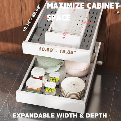 Seinloes Pull Out Cabinet Organizer,4-Side Expandable to Maximize Cabinet Space,Slide Out Drawers with 3 Rail Design,Roll Out Shelf with Raising Pad for Framed Cabinet,11"-16"W x 17"-24"D,White,2 Pack