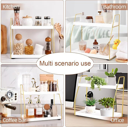 DWTS Coffee Bar Accessories,Coffee Station Organizer with Multi-Functional,CoffeeBar Decor for Accessories,2 Tier Wooden Shelf Gold Metal Station Organizer for Countertop,Syrup
