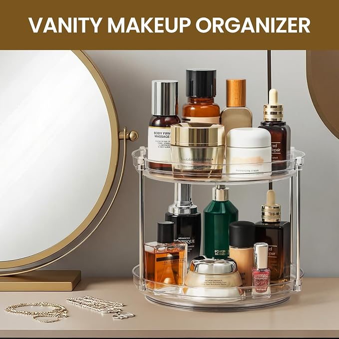 2 Tier Non-Skid Acrylic Lazy Susan Organizer - Rotating Spice Rack - Turntable Organization for Kitchen, Pantry, Countertop, Closet, Bathroom, Vanity, Medicine Cabinet Organizing,10''