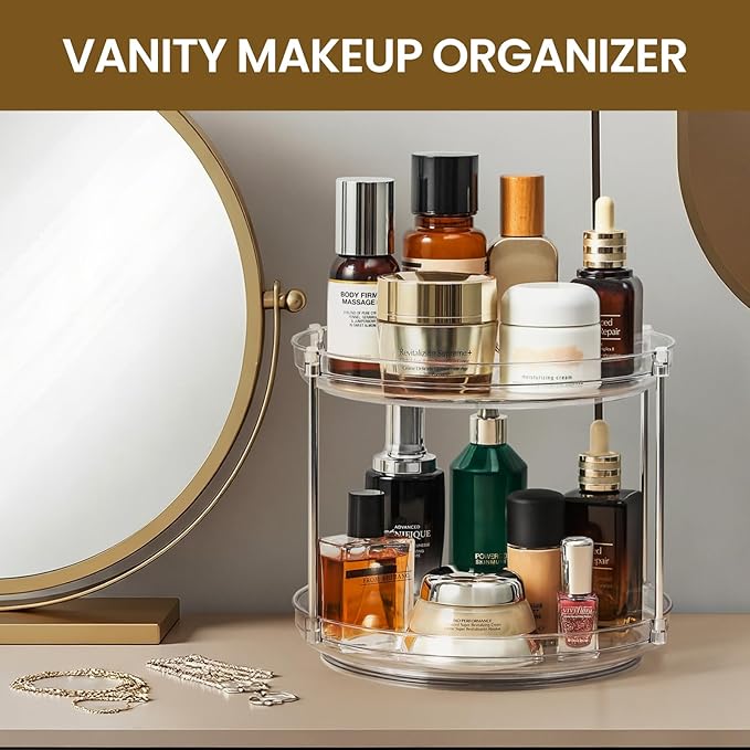 2 SET 2 Tier Non-Skid Acrylic Lazy Susan Organizer - Rotating Spice Rack - Turntable Spinning Organization for Kitchen, Pantry, Countertop, Closet, Bathroom, Vanity, Medicine Cabinet Organizing,9.25''
