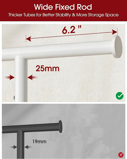 Sakugi Clothes Rack - Large-Capacity Clothing Racks for Hanging Clothes with Lockable Wheels, Space-Saving Metal Coat Rack for Bedroom, Laundry Room, Entryway, 45.6" x 16.9" x 59", White