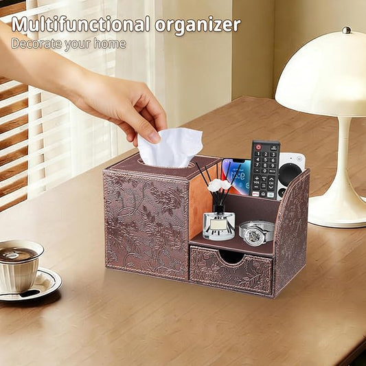 Nightstand Organizer with Tissue Holder,PU Leather Square Tissue Box Cover,Modern Facial Paper Organizer Storage Box for Remote Control,Bathroom,Vanity Countertop,End Table Home Office