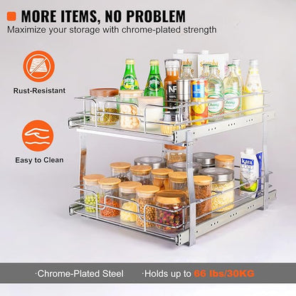 VEVOR 2 Tier 17"Wx21.2"Dx15.2"H Pull Out Cabinet Organizer, Heavy Duty Slide Out Pantry Shelves, Steel Roll Out Drawers, Sliding Drawer Storage for Home, 18.5"Wx22.5"Dx19"H Install Size for Cabinet