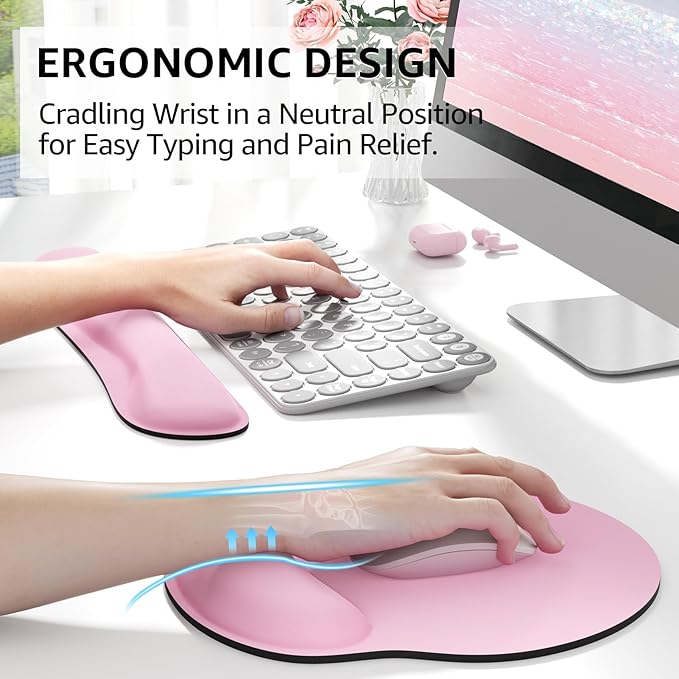 KTRIO Keyboard Wrist Rest & Mouse Pad with Wrist Rest Set, Pale Pink | Memory Foam Wrist Support, Ergonomic Design, Non-Slip Base, Office and Home Use