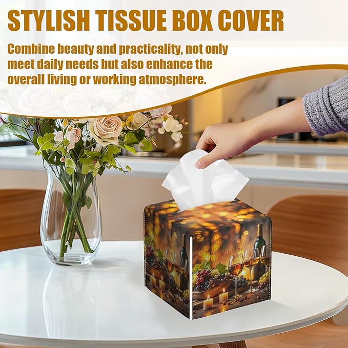 Vintage Wine Glass Tissue Box Cover 2PCS, Leather Tissue Box Holder Square Facial Paper Case Tissue Box Cube Organizer for Bathroom Bedroom Desk Office