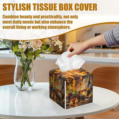 Vintage Wine Glass Tissue Box Cover 2PCS, Leather Tissue Box Holder Square Facial Paper Case Tissue Box Cube Organizer for Bathroom Bedroom Desk Office