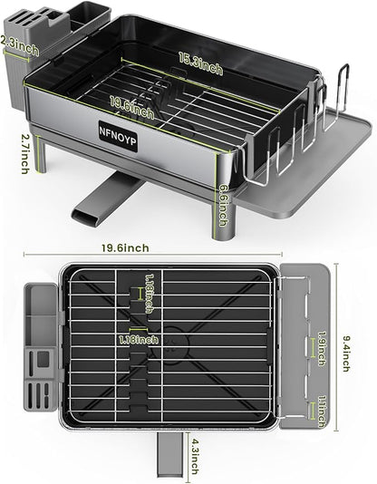 Dish Drying Rack, 304 Stainless Steel Dish Rack and Drainboard Set, Rustproof Dish Drainer with Anti-Pooling Automatic Drainage, Large Capacity Kitchen Counter Organizer, Grey