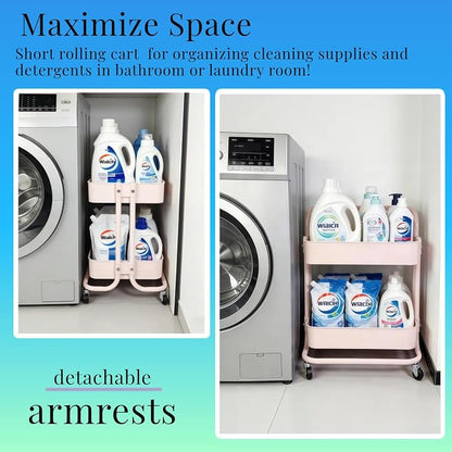 2 Tier Short Rolling Cart with Wheels All-Metal Pink Pantry Storage for Kitchen,Under Desk Trolley with Handle Small Wheeled Storage Cart for Laundry Room Bathroom, Under Table Small Space