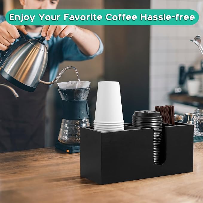 ALELION Large Black Coffee Cup Organizer for Disposable Cups, Lids and Stir Sticks - 3-Compartment Countertop Cup Holder Storage Rack for Coffee Station, Kitchen, Office