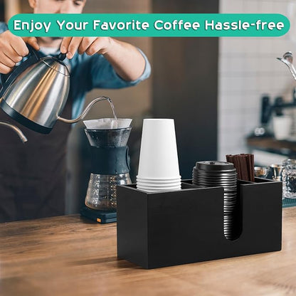 ALELION Large Black Coffee Cup Organizer for Disposable Cups, Lids and Stir Sticks - 3-Compartment Countertop Cup Holder Storage Rack for Coffee Station, Kitchen, Office