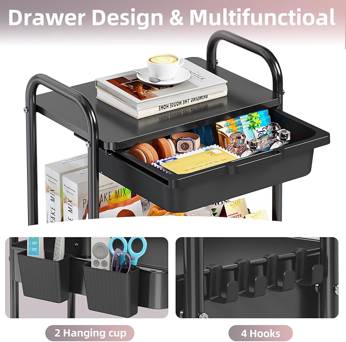 3 Tier Metal Rolling Utility Cart with Drawer & Lockable Wheels - Heavy Duty Multifunctional Storage Organizer with 2 Cups and 4 Hooks for Bathroom, Kitchen, Snack, Craft, Makeup, Baby Essentials